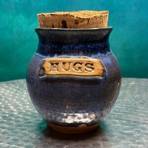 Handmade Blue Ceramic HUGS Jar with Cork Lid